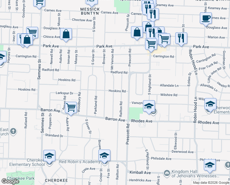 map of restaurants, bars, coffee shops, grocery stores, and more near 1053 Railton Road in Memphis