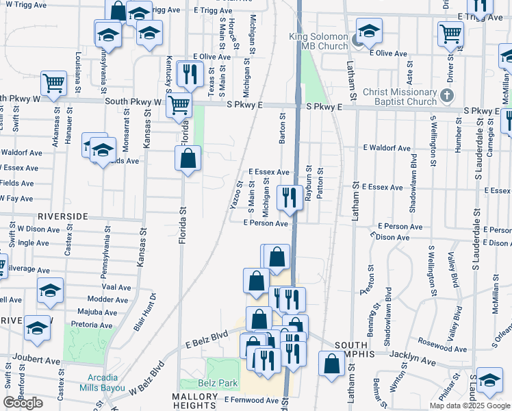 map of restaurants, bars, coffee shops, grocery stores, and more near 1629 South Main Street in Memphis