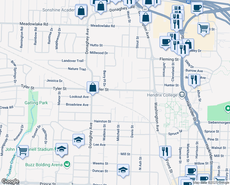 map of restaurants, bars, coffee shops, grocery stores, and more near 1901 Tyler Street in Conway
