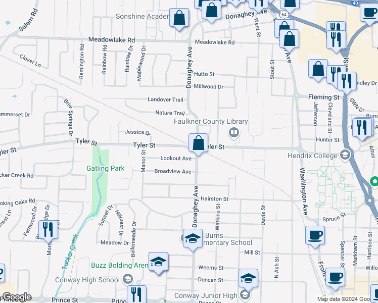 map of restaurants, bars, coffee shops, grocery stores, and more near 2103A Tyler Street in Conway