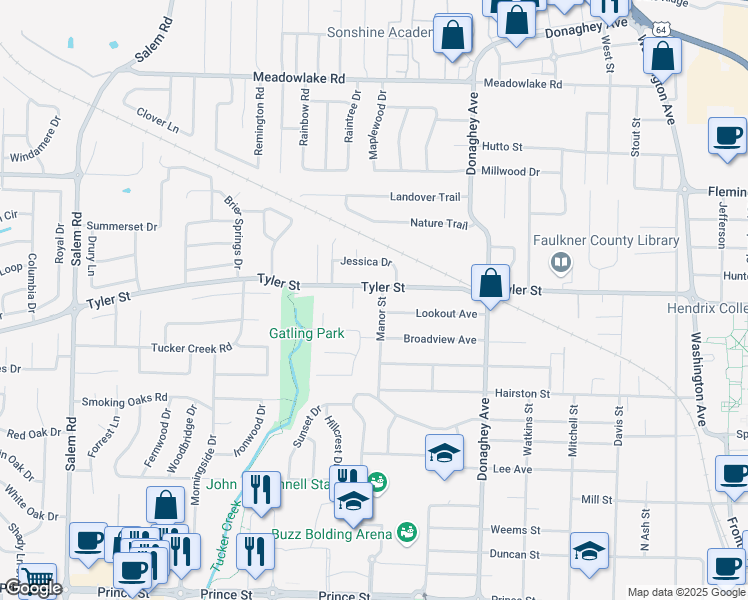 map of restaurants, bars, coffee shops, grocery stores, and more near 2330 Tyler Street in Conway
