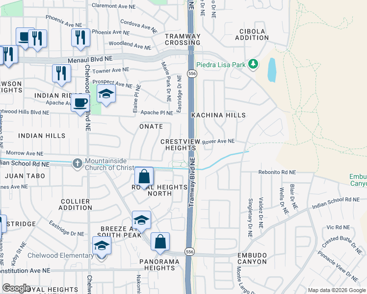map of restaurants, bars, coffee shops, grocery stores, and more near 1909 Chandelle Avenue Northeast in Albuquerque