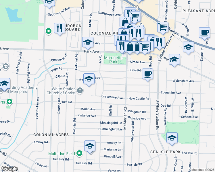 map of restaurants, bars, coffee shops, grocery stores, and more near 4905 Hampshire Avenue in Memphis