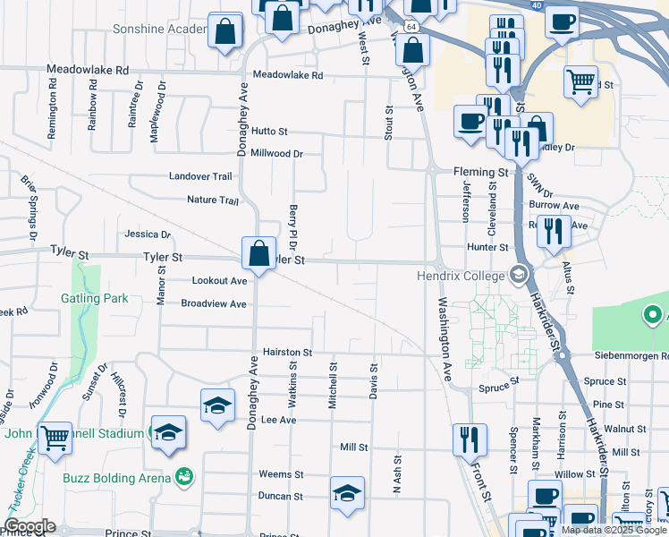map of restaurants, bars, coffee shops, grocery stores, and more near 1901 Tyler Street in Conway
