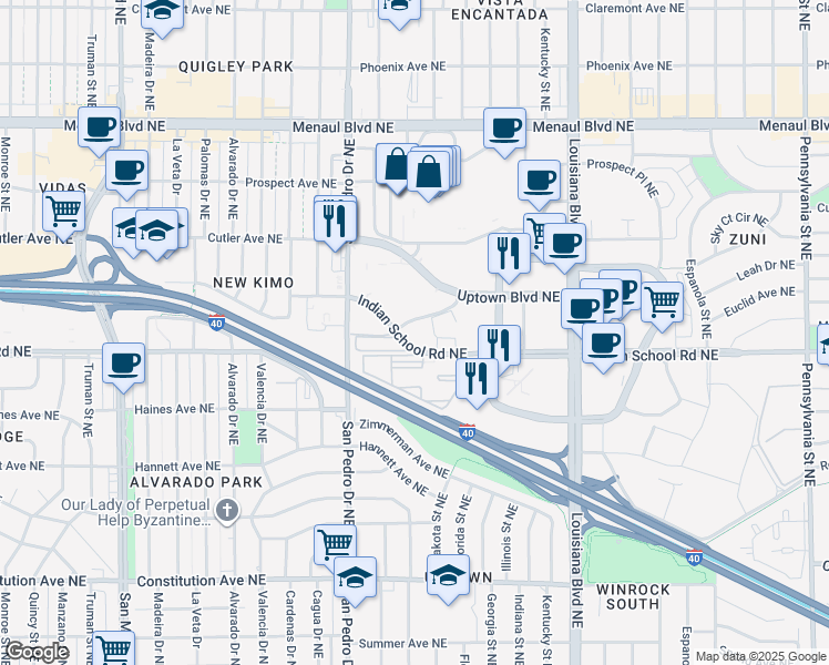 map of restaurants, bars, coffee shops, grocery stores, and more near 6301 Indian School Road Northeast in Albuquerque