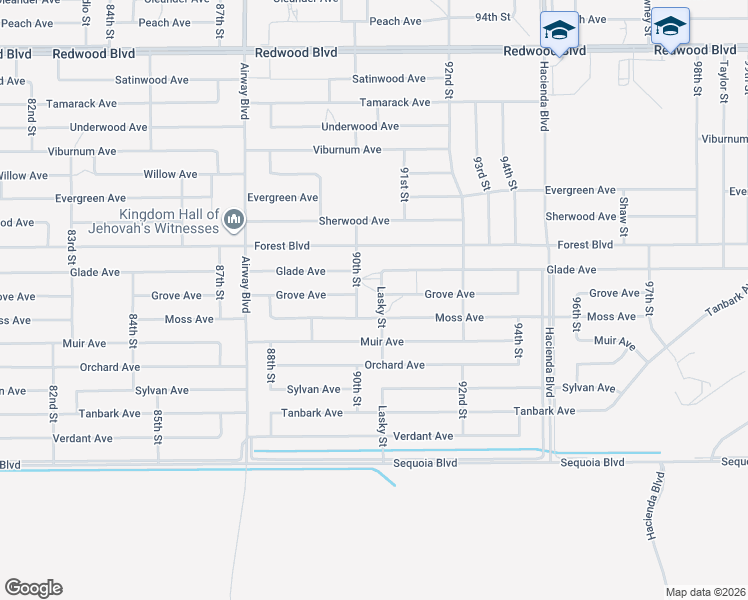 map of restaurants, bars, coffee shops, grocery stores, and more near Lasky Street in California City