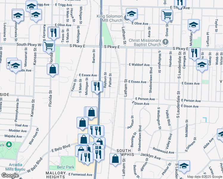 map of restaurants, bars, coffee shops, grocery stores, and more near 1642 Patton Street in Memphis