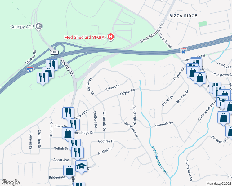 map of restaurants, bars, coffee shops, grocery stores, and more near 7123 Enfield Drive in Fayetteville