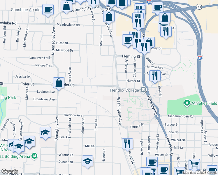 map of restaurants, bars, coffee shops, grocery stores, and more near 1632 Tyler Street in Conway