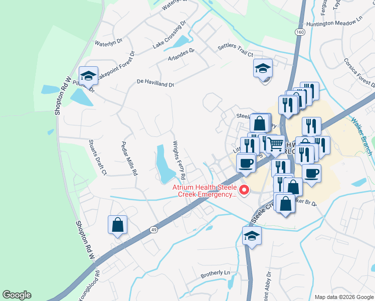 map of restaurants, bars, coffee shops, grocery stores, and more near 15918 Umbrella Lane in Charlotte