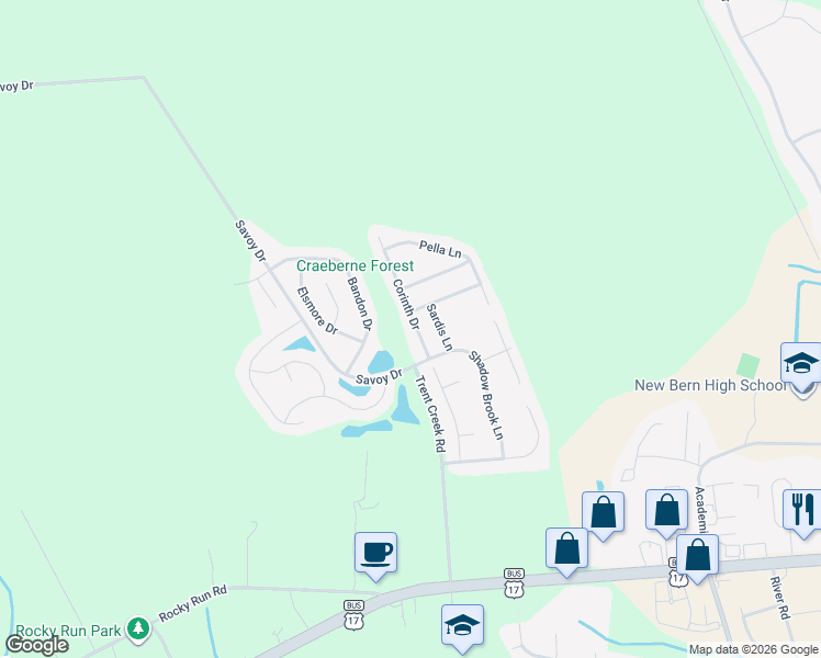 map of restaurants, bars, coffee shops, grocery stores, and more near 111 Sardis Lane in New Bern