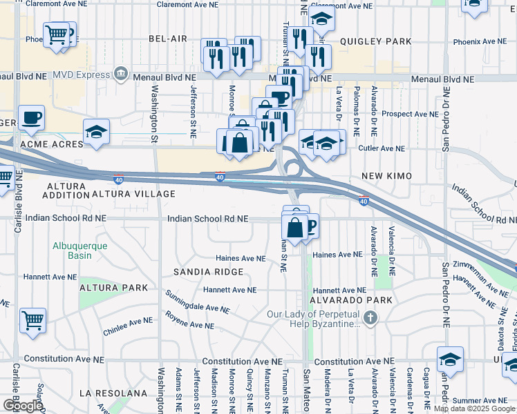 map of restaurants, bars, coffee shops, grocery stores, and more near San Mateo Blvd NE in Albuquerque