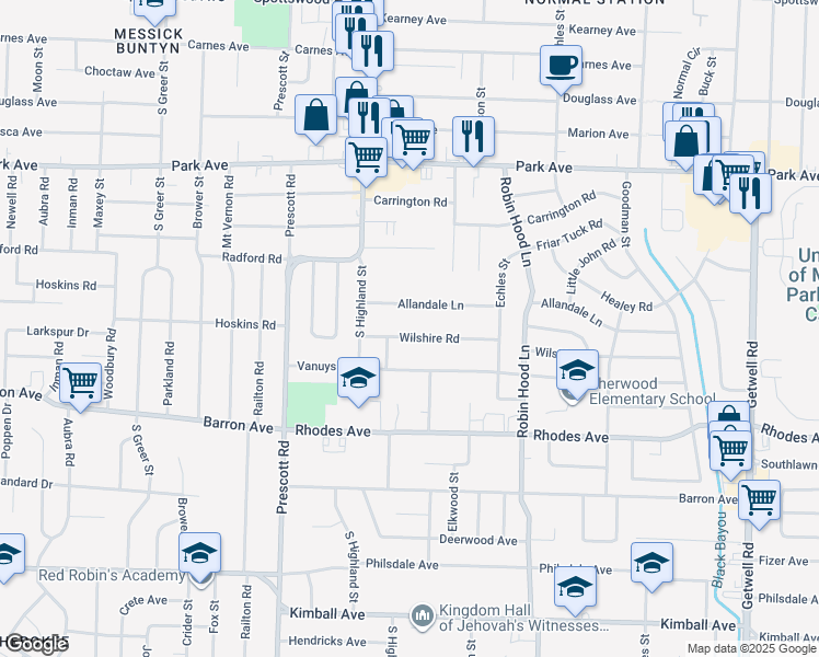 map of restaurants, bars, coffee shops, grocery stores, and more near 3547 Allandale Lane in Memphis
