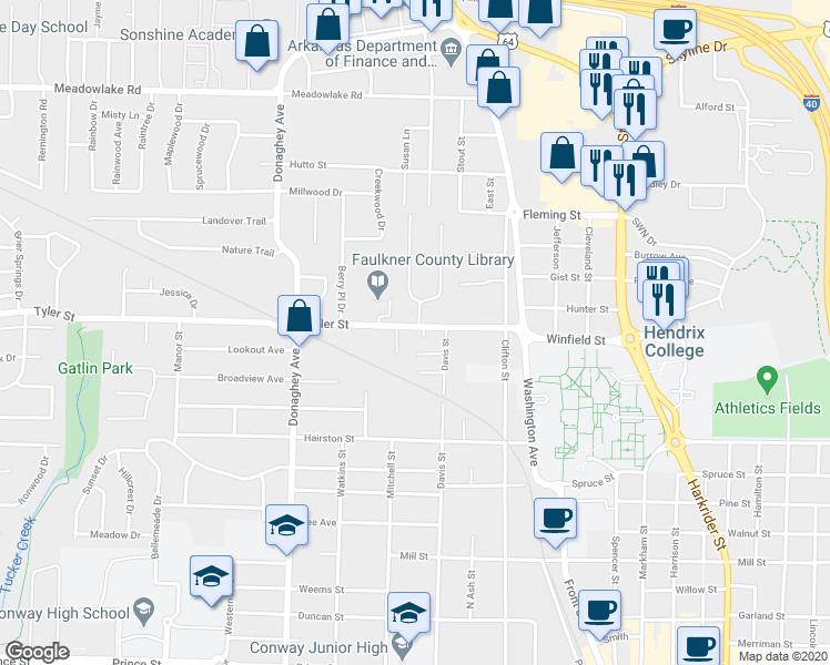 map of restaurants, bars, coffee shops, grocery stores, and more near 1823 Tyler Street in Conway