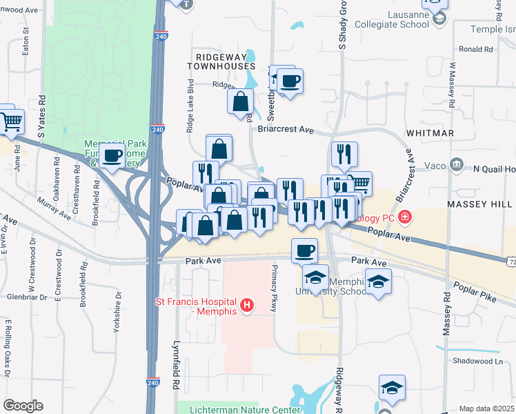 map of restaurants, bars, coffee shops, grocery stores, and more near 3435 Ridgeway Loop Road in Memphis