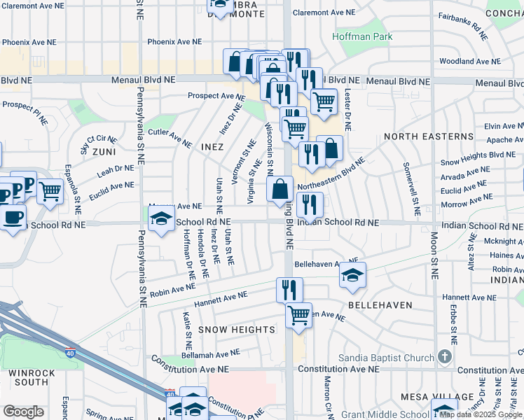 map of restaurants, bars, coffee shops, grocery stores, and more near 8311 Morrow Avenue Northeast in Albuquerque