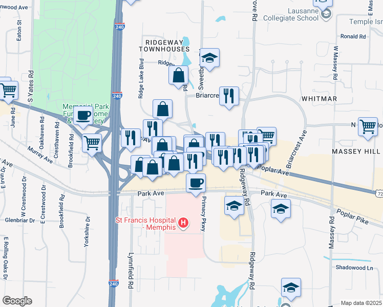 map of restaurants, bars, coffee shops, grocery stores, and more near 3435 Ridgeway Loop Road in Memphis