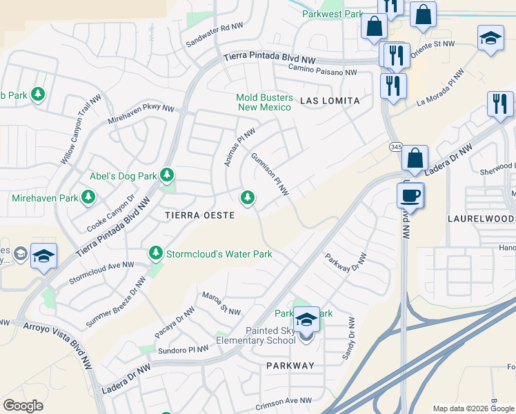 map of restaurants, bars, coffee shops, grocery stores, and more near 1323 Casa Florida Place Northwest in Albuquerque