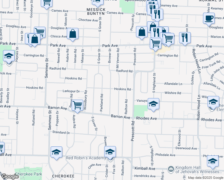 map of restaurants, bars, coffee shops, grocery stores, and more near 1048 Brower Street in Memphis