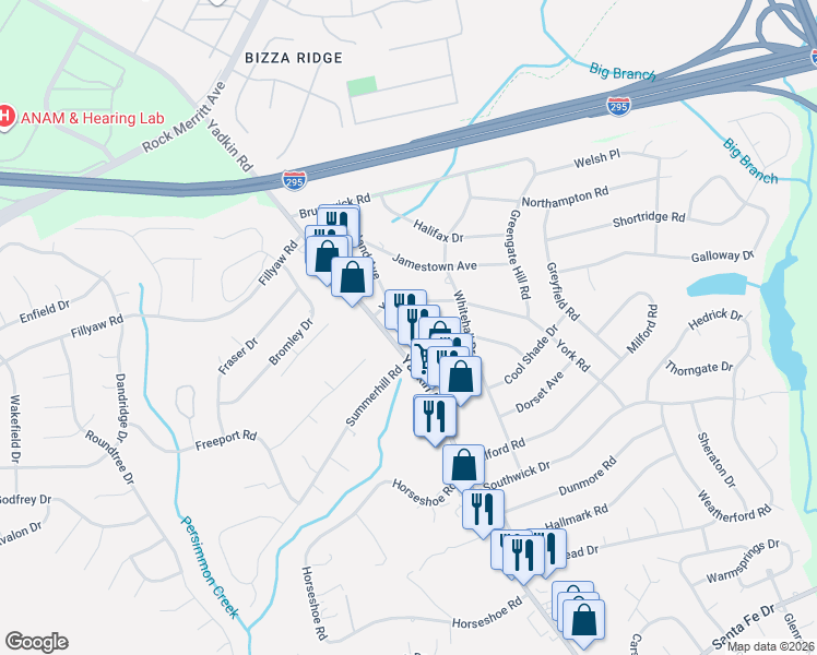 map of restaurants, bars, coffee shops, grocery stores, and more near 6380 Yadkin Road in Fayetteville