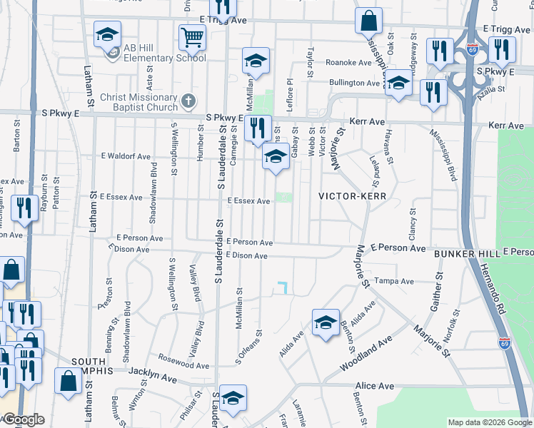 map of restaurants, bars, coffee shops, grocery stores, and more near 1618 Ely Street in Memphis