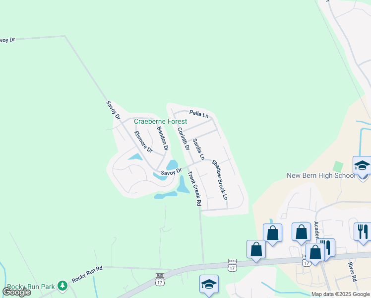 map of restaurants, bars, coffee shops, grocery stores, and more near 133 Corinth Drive in New Bern