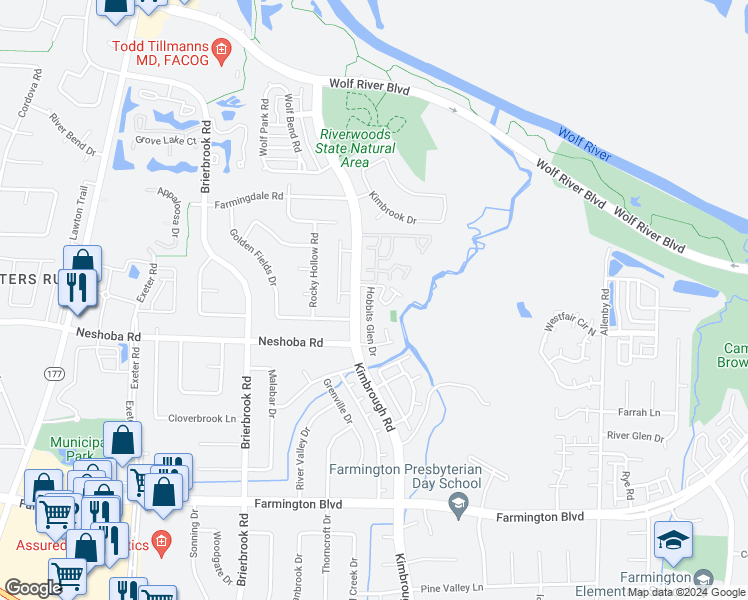 map of restaurants, bars, coffee shops, grocery stores, and more near 1704 Hobbits Glen Drive in Germantown