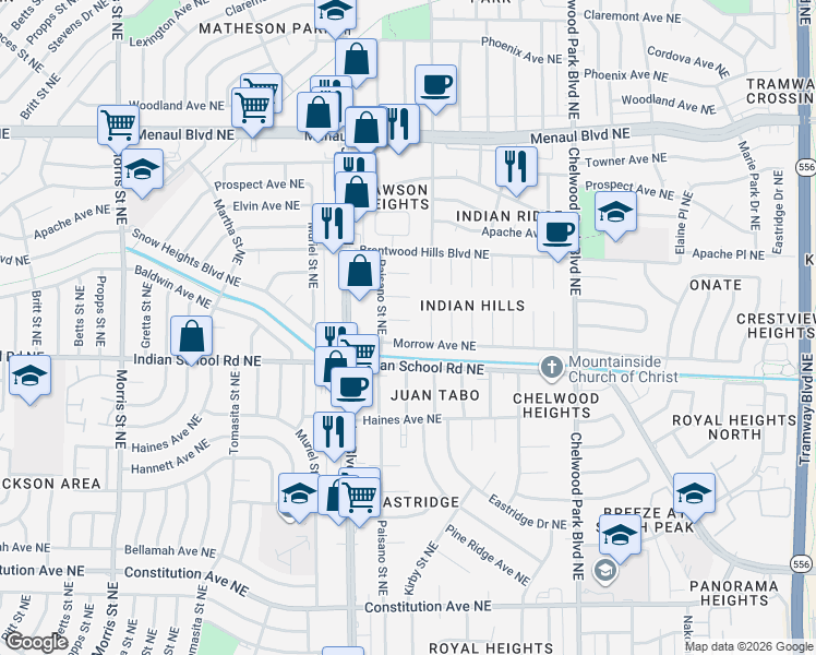 map of restaurants, bars, coffee shops, grocery stores, and more near 11909 Euclid Court Northeast in Albuquerque