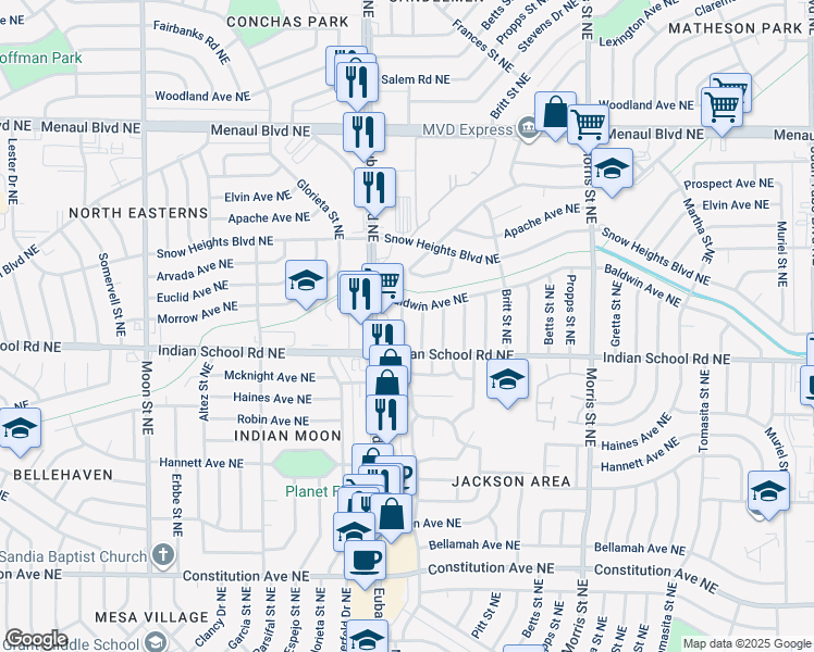 map of restaurants, bars, coffee shops, grocery stores, and more near 1824 Mary Ellen Street Northeast in Albuquerque