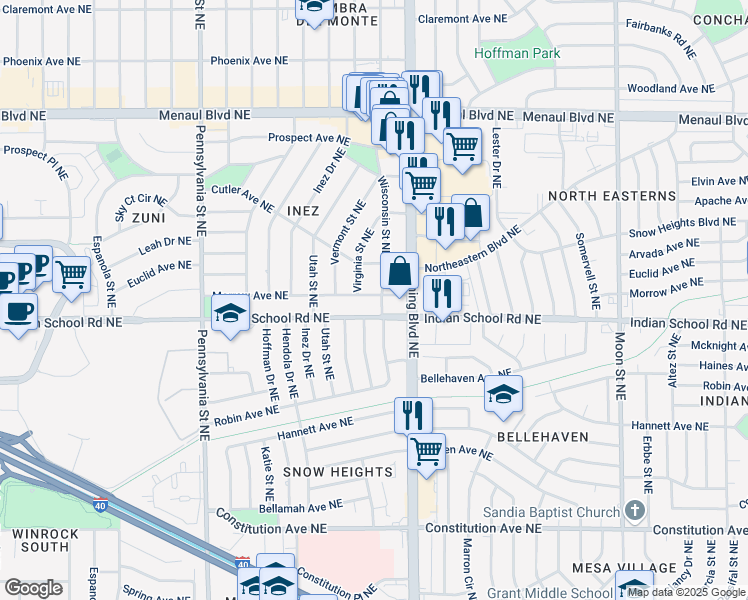 map of restaurants, bars, coffee shops, grocery stores, and more near 8311 Morrow Avenue Northeast in Albuquerque