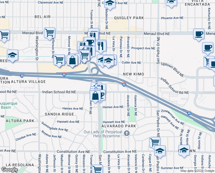 map of restaurants, bars, coffee shops, grocery stores, and more near 2218 Madeira Drive Northeast in Albuquerque