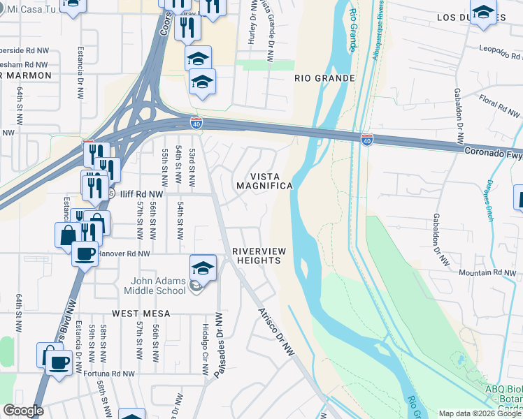 map of restaurants, bars, coffee shops, grocery stores, and more near 1613 Bluffside Place Northwest in Albuquerque