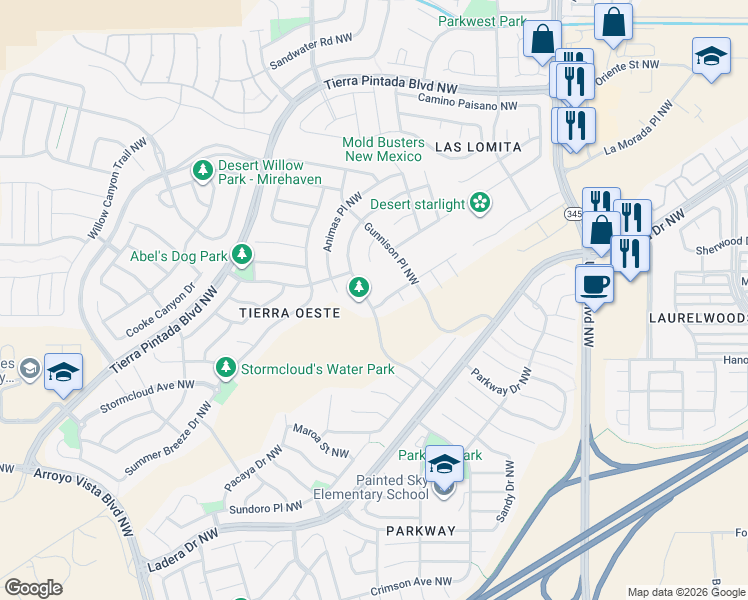 map of restaurants, bars, coffee shops, grocery stores, and more near 1323 Casa Florida Place Northwest in Albuquerque