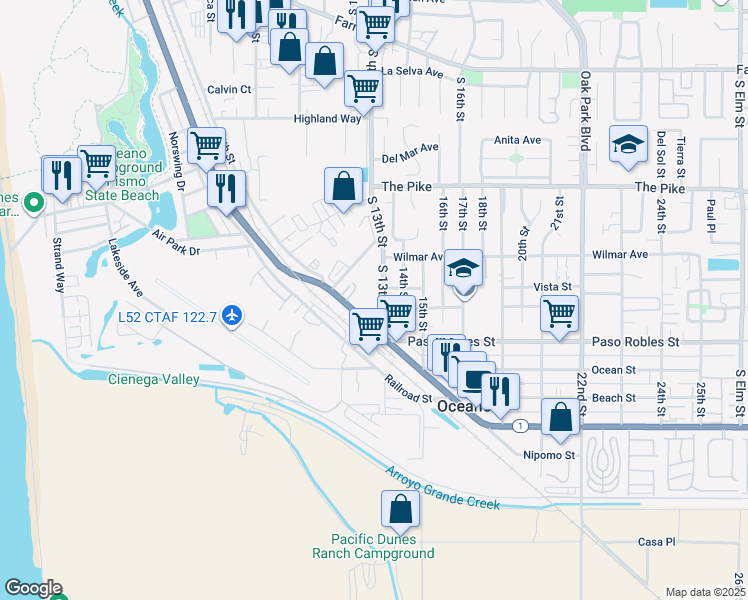 map of restaurants, bars, coffee shops, grocery stores, and more near 1633 Front Street in Oceano