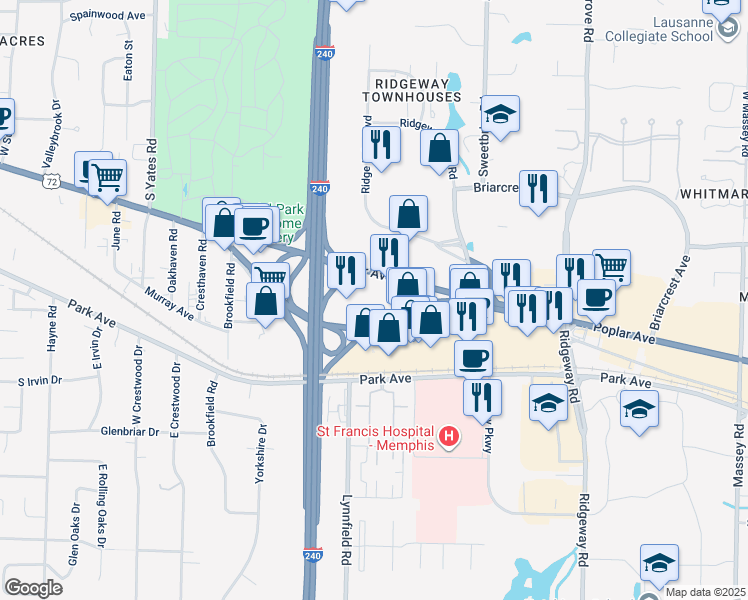 map of restaurants, bars, coffee shops, grocery stores, and more near 5839 Poplar Ave in Memphis