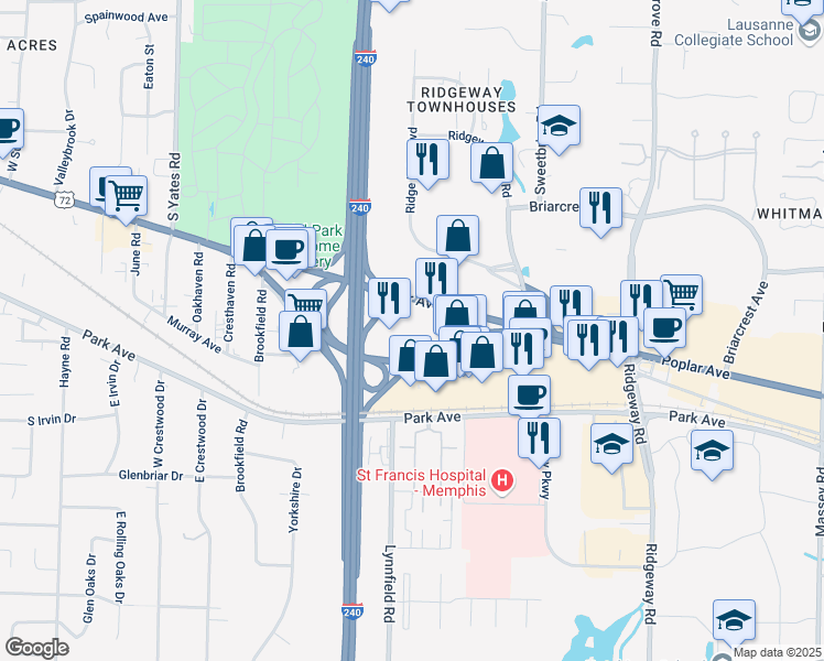 map of restaurants, bars, coffee shops, grocery stores, and more near 5839 Poplar Ave in Memphis