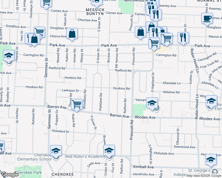 map of restaurants, bars, coffee shops, grocery stores, and more near 1048 Brower Street in Memphis