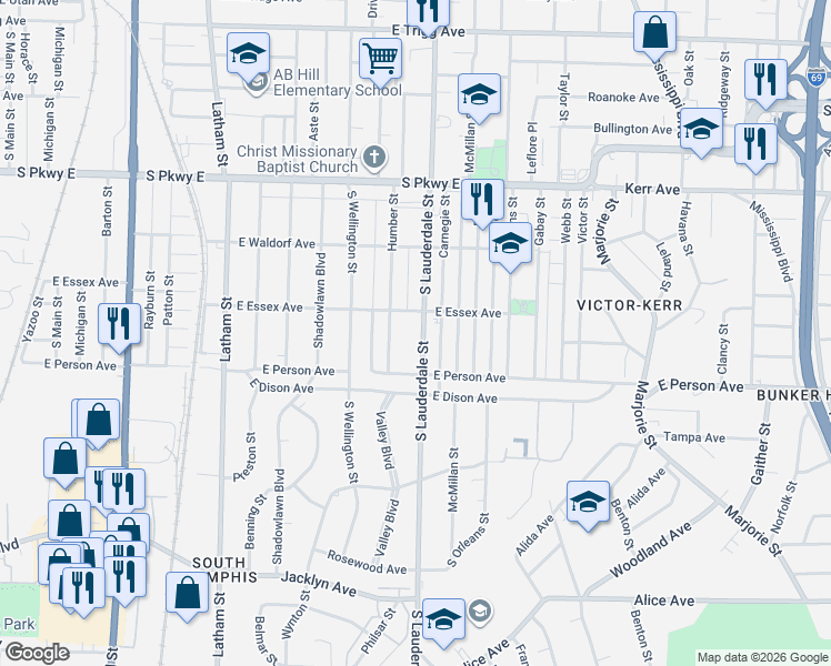 map of restaurants, bars, coffee shops, grocery stores, and more near 1614 Humber Street in Memphis