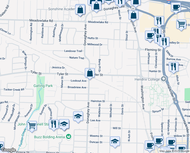 map of restaurants, bars, coffee shops, grocery stores, and more near 1701 Marilyn Drive in Conway