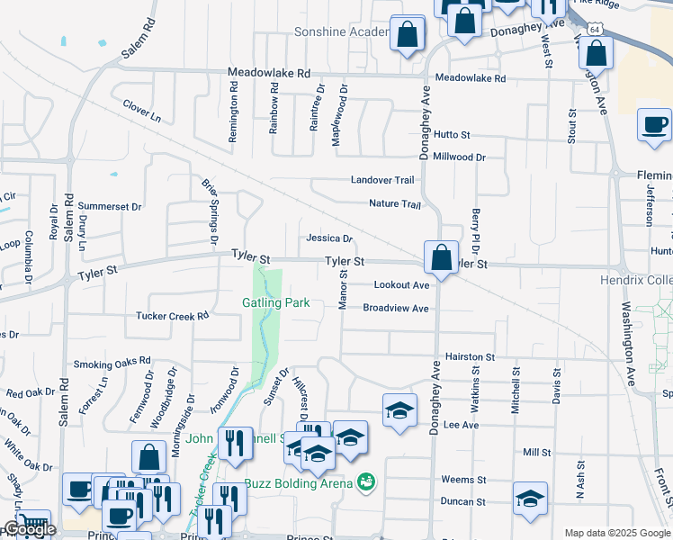 map of restaurants, bars, coffee shops, grocery stores, and more near 2330 Tyler Street in Conway