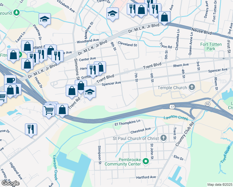 map of restaurants, bars, coffee shops, grocery stores, and more near 2104 Rail Court in New Bern