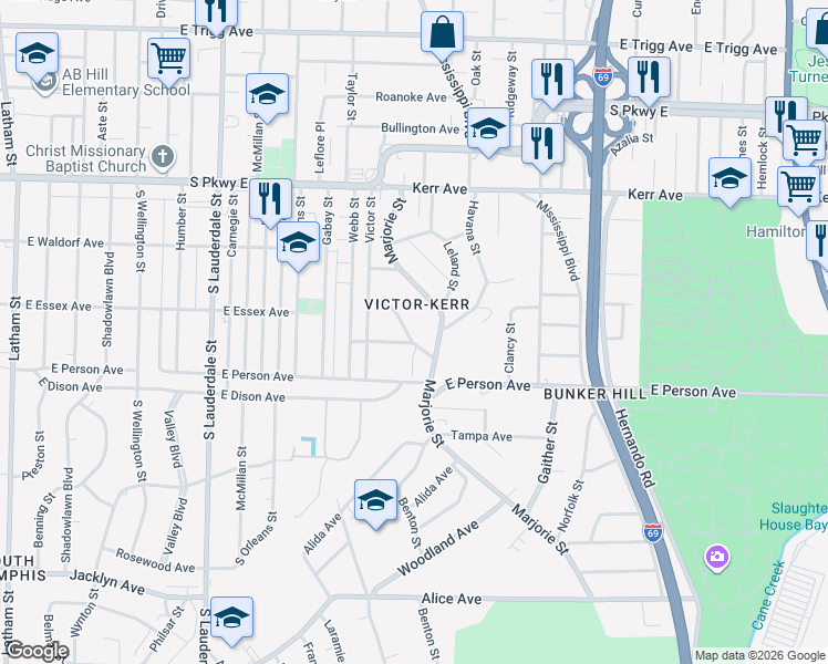 map of restaurants, bars, coffee shops, grocery stores, and more near 1613 Marjorie Street in Memphis