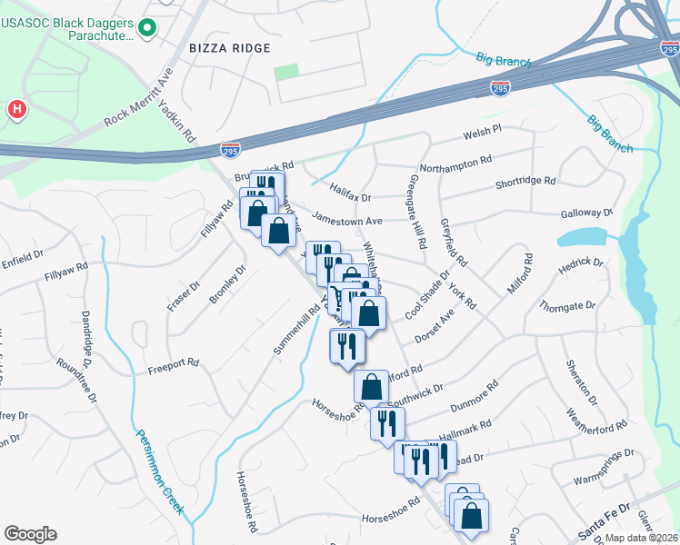 map of restaurants, bars, coffee shops, grocery stores, and more near 420 York Road in Fayetteville