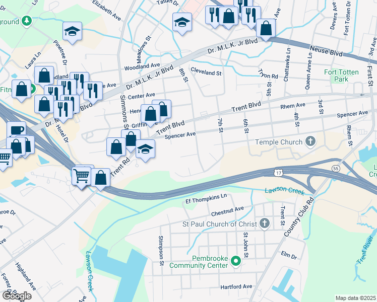 map of restaurants, bars, coffee shops, grocery stores, and more near 2104 Rail Court in New Bern