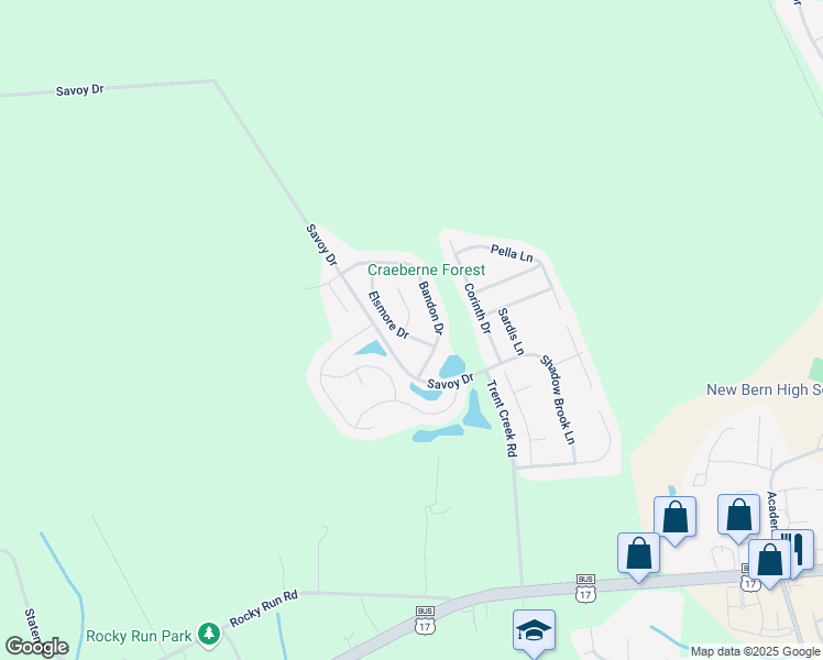 map of restaurants, bars, coffee shops, grocery stores, and more near 308 Elsmore Drive in New Bern