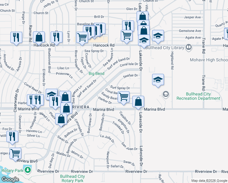 map of restaurants, bars, coffee shops, grocery stores, and more near 916 Surf Spray Drive in Bullhead City