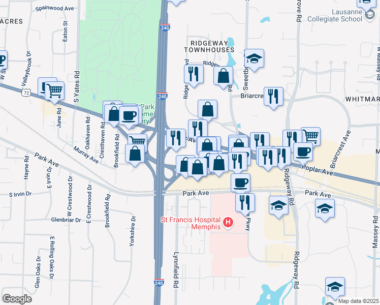 map of restaurants, bars, coffee shops, grocery stores, and more near 5839 Poplar Avenue in Memphis