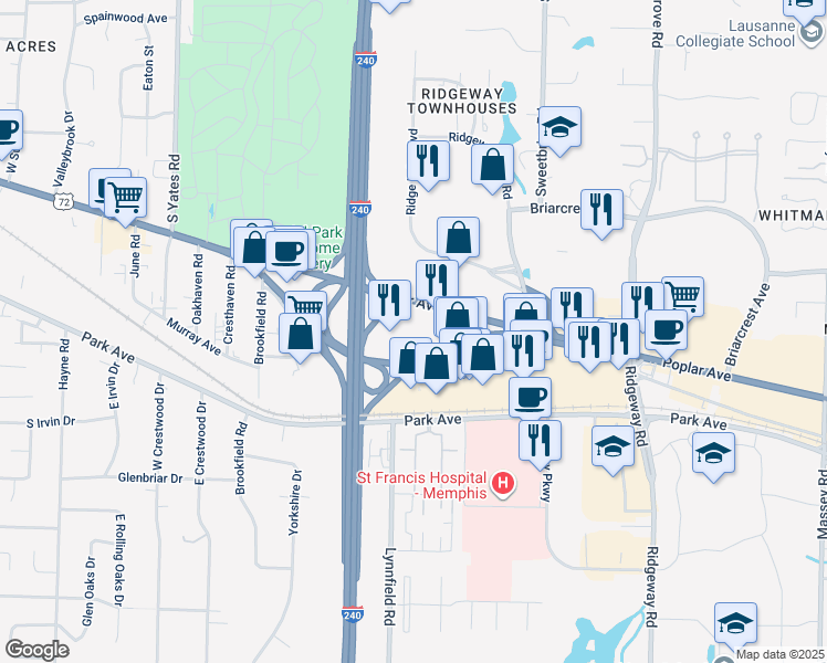 map of restaurants, bars, coffee shops, grocery stores, and more near 5839 Poplar Ave in Memphis