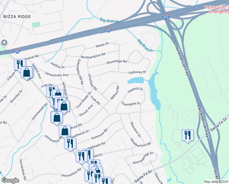 map of restaurants, bars, coffee shops, grocery stores, and more near 6407 Milford Road in Fayetteville