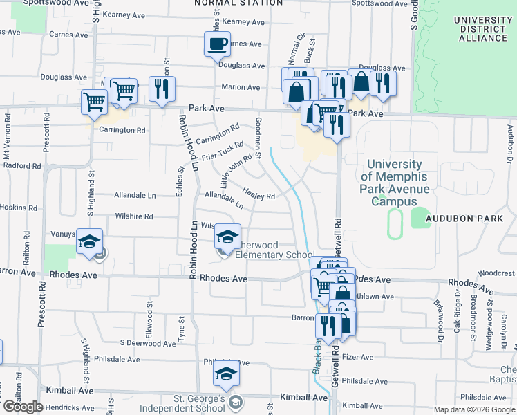 map of restaurants, bars, coffee shops, grocery stores, and more near 3811 Healey Road in Memphis